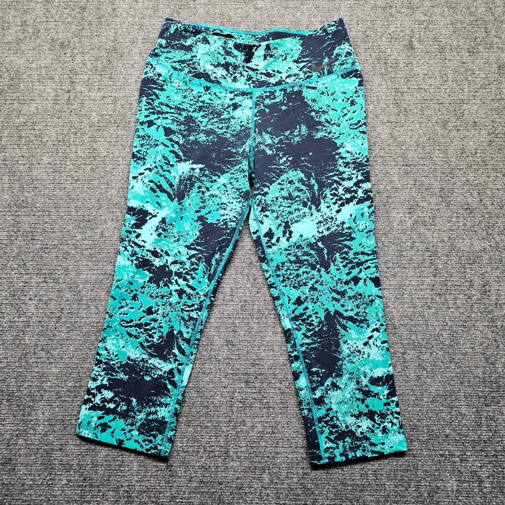 Nike Womens Dri-FIT Sea Glass Print Crop Leggings Teal Black 634806-383 Size M